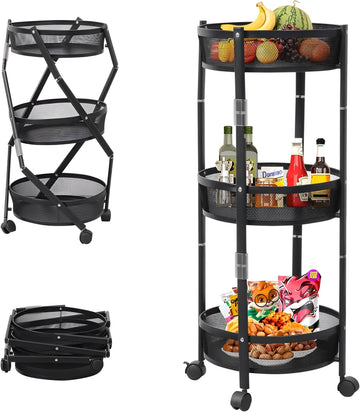 3-Tier Foldable Storage Trolley Rack – Portable Rolling Organizer