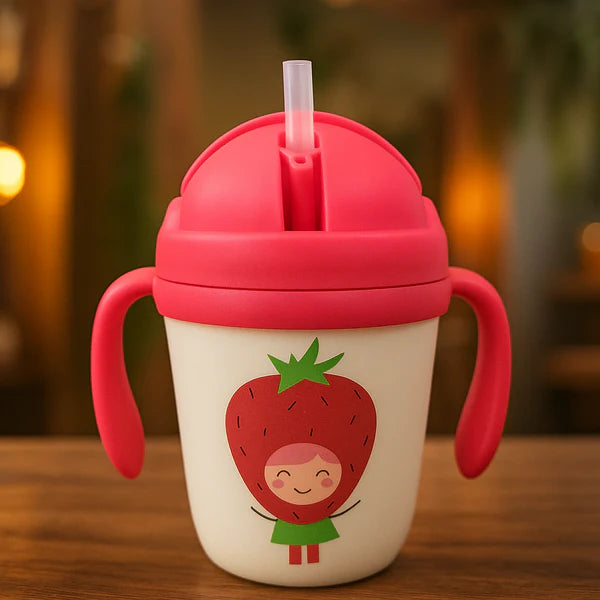 Cute Strawberry Baby Sippy Cup with Handles and Straw – Leak-Proof Training Cup