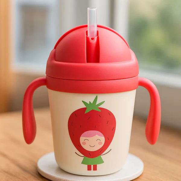 Cute Strawberry Baby Sippy Cup with Handles and Straw – Leak-Proof Training Cup