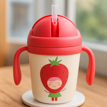 Cute Strawberry Baby Sippy Cup with Handles and Straw – Leak-Proof Training Cup