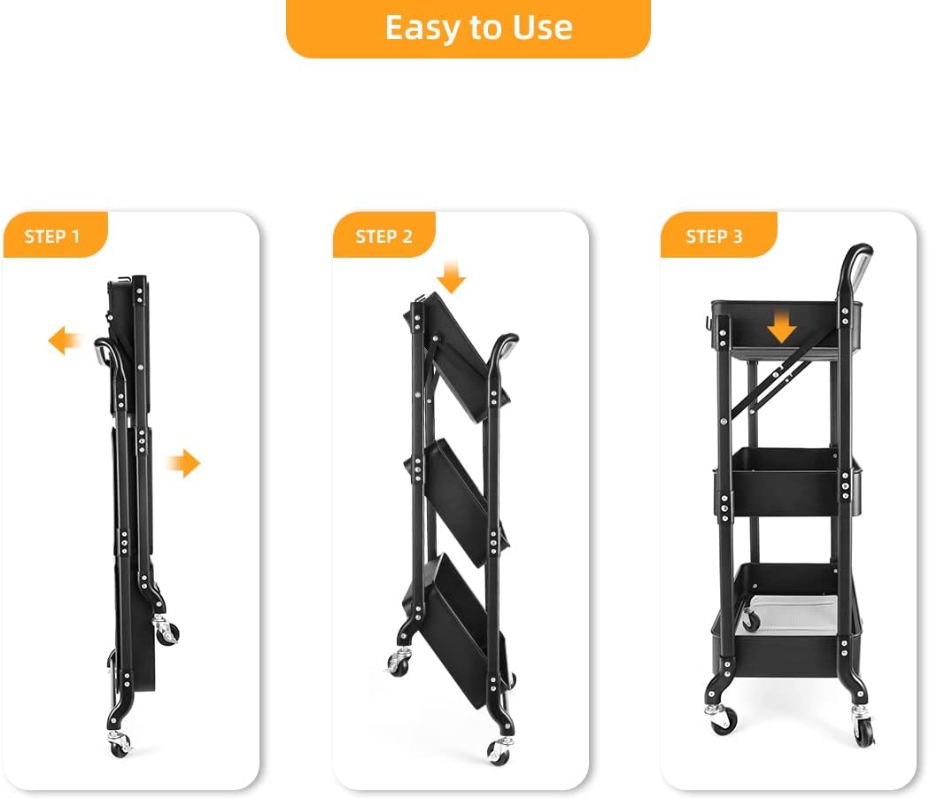 3-Tier Folding Kitchen Storage Trolley – Mobile Utility Rack for Home, Dining & Office Use