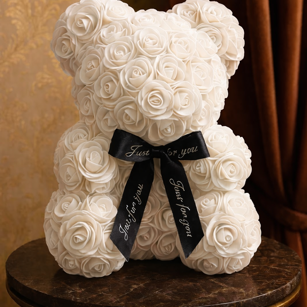 Luxury Rose Teddy Bear (White, Red & Pink) – Eternal Flower Gift with Satin Ribbon