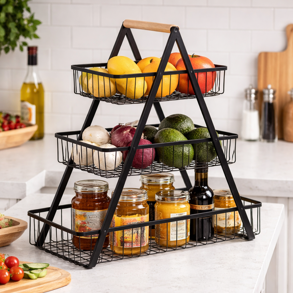 Premium 3-Tier Metal Storage Rack with Wooden Handle