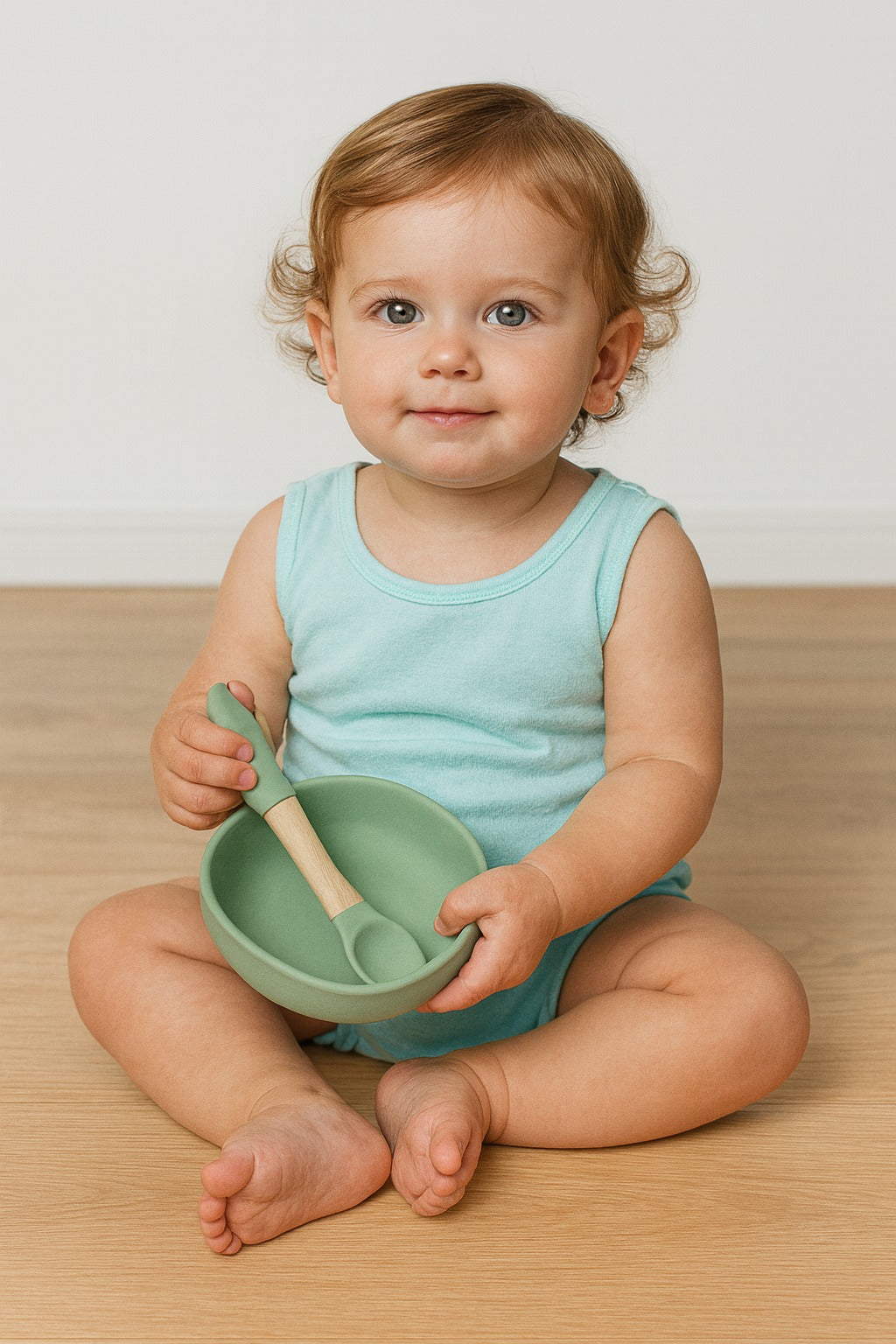 Eco-Friendly Silicone Baby Feeding Set with Wooden Handles – Bowl, Spoon & Fork