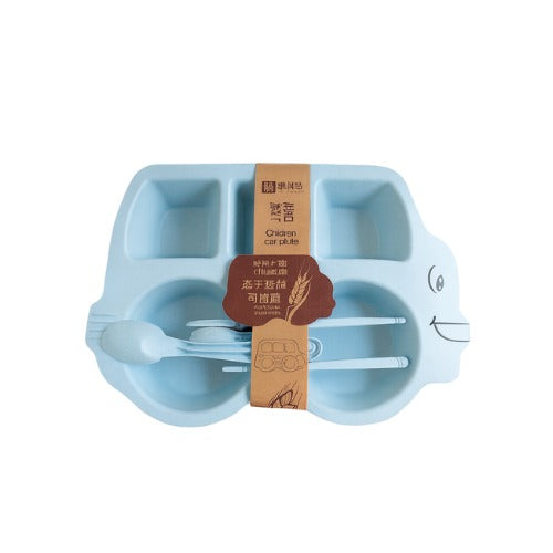 Cartoon Car-Shaped Baby Feeding Plate with Spoon & Fork – Multi-Compartment Design