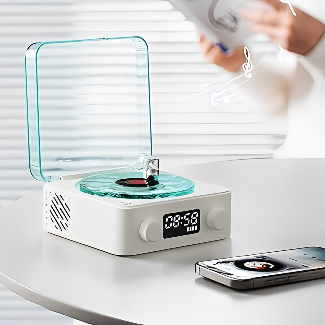 Vintage Record Player Bluetooth Speaker with Digital Clock & Alarm