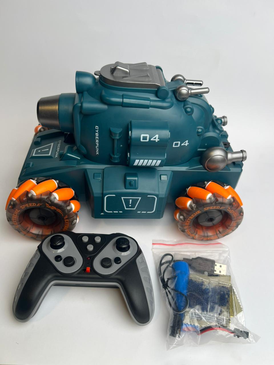Electric RC Jelly Blaster Tank Toy for Kids – Smoke Effect, LED Wheels & 360° Rotation