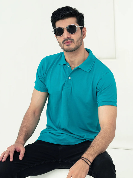 Sea Green Pique Polo Shirt For Men