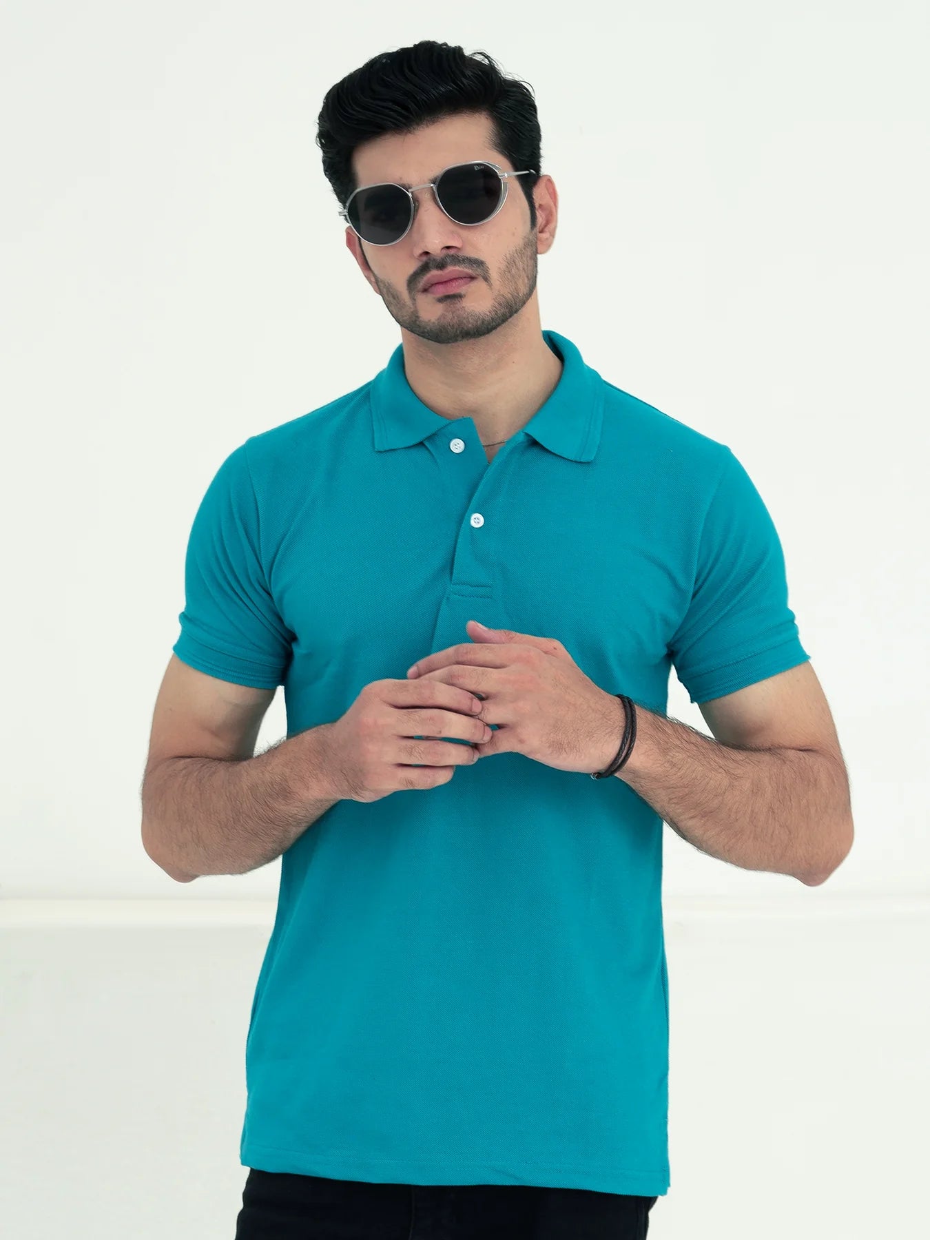 Sea Green Pique Polo Shirt For Men